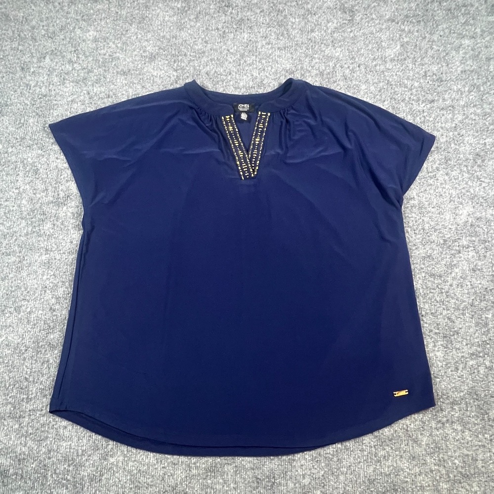 Jones New York Signature Blouse Top Womens XL Navy Blue Gold Beaded Split Neck